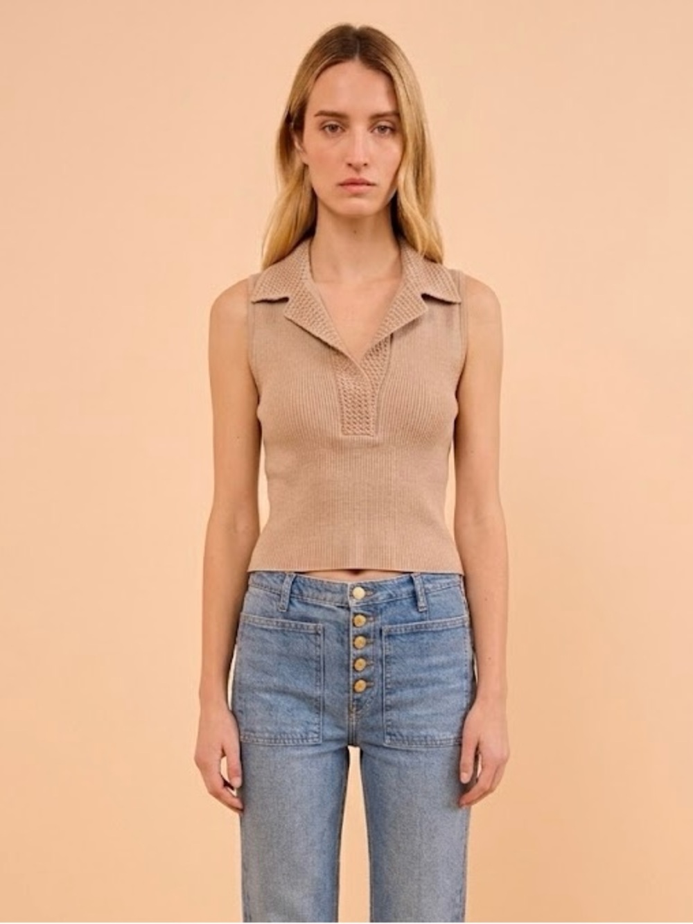 Caroline Constas Rib Knit Crochet Trim Sleeveless Polo Crop Top Beige Small